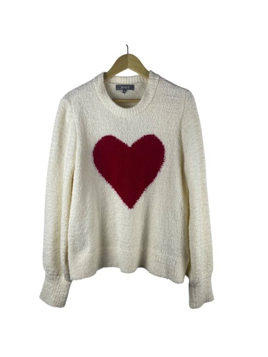 Marled Sweaters - Marled Red Heart Graphic Cream Fuzzy Cozy Knit Novelty Holiday Sweater Large